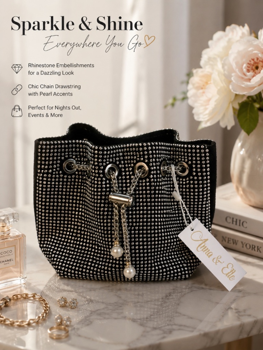 Anna & Elle Rhinestone Bucket Bag NWT Black Crystal Evening Purse Pearl Detail